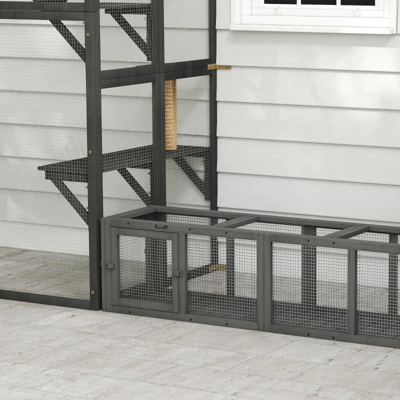 PawHut Outdoor Cat Tunnel, Wooden Play Cat Enclosure, Extendable Pet Run with 3 Doors, for Indoor and Outdoor Use, Grey