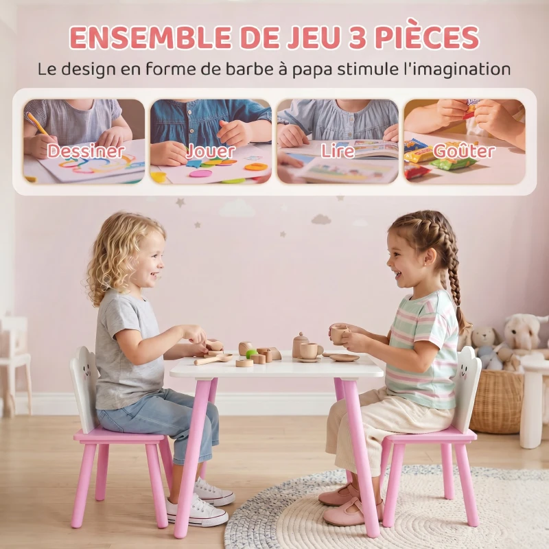 AIYAPLAY Set Tavolo e 2 Sedie per Bambini 3-6 Anni in Legno con Angoli Arrotondati, Tema Zucchero Filato, Rosa