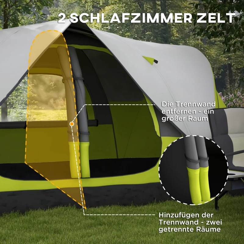 Outsunny Campingzelt, 2 Räume, Trennwand, für 6 Personen, Regenschutz, Dunkelgrün