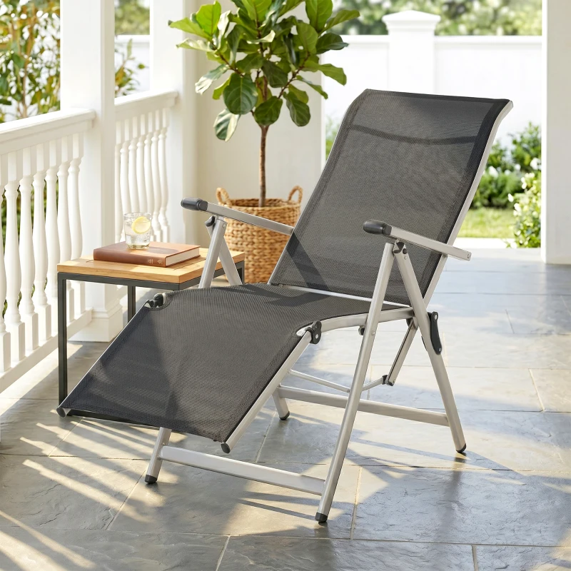 Outsunny Chaise longue pliable transat bain de soleil avec dossier & repose-pied réglable multi-positions, noir