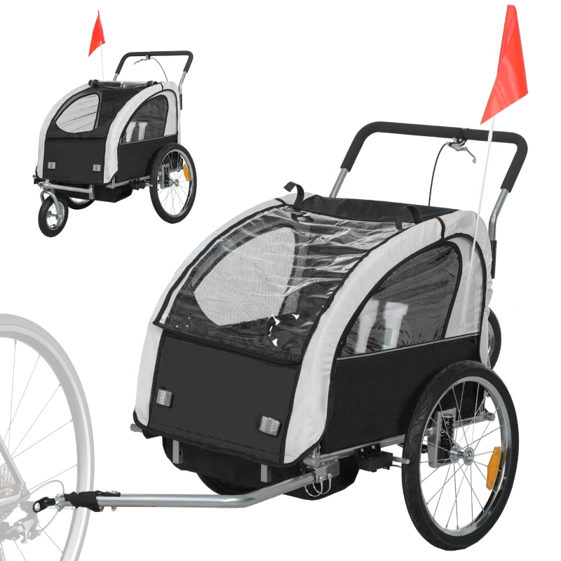 HOMCOM Remorque vélo enfant 2 en 1 avec ceinture de sécurité 5 points, réflecteurs, drapeau et rideau coupe-vent, noir