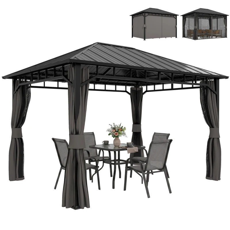 Outsunny Garten-Pavillon, Metallpavillon, wasserfest, UV-beständig, Terrassenpavillon mit Netzwänden und Vorhängen, Dunkelgrau