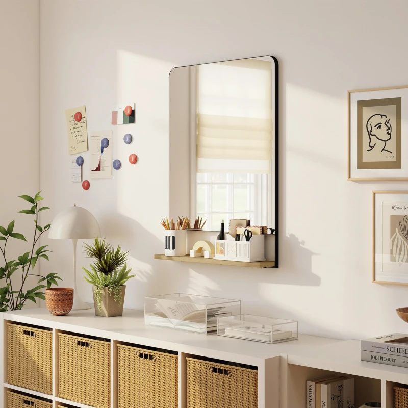 HOMCOM Wall Mirror with Wood Shelf - Black
