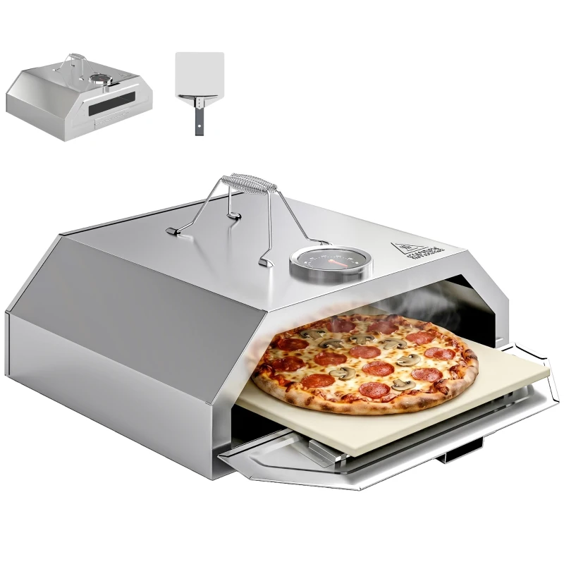 Outsunny 8 in Portable Stainless Steel BBQ Grill Top Pizza Oven with Built-in Thermometer and Viewing Window for Gas and Charcoal BBQ Grills, Includes Carry Handles, Pizza Stone and Peel, Silver Tone