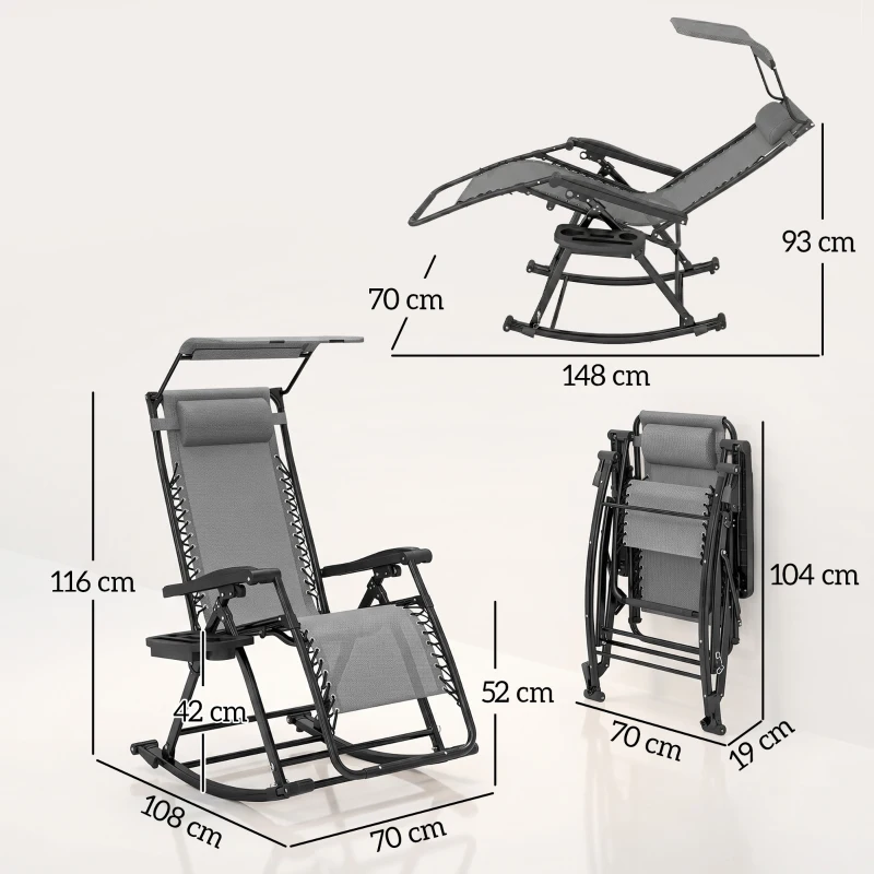 Outsunny Garden Rocking Chair Folding Recliner Outdoor Adjustable Sun Lounger Rocker Zero-Gravity Seat with Headrest Side Holder Patio Deck - Grey