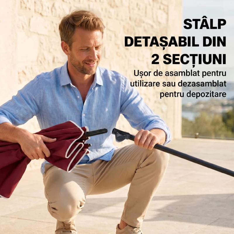 Outsunny Umbrelă de Grădină Dreptunghiulară și Reglabilă cu Stâlp din Aluminiu, 2x1,3x2,5 m, Roșu Bordeaux