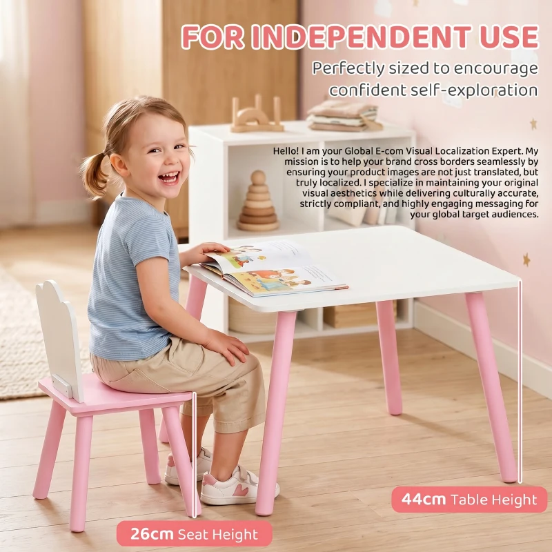 AIYAPLAY Kindertisch und Stuhl Set 3-teilig, 1 Tisch 2 Stühle, Rosa und Weiß