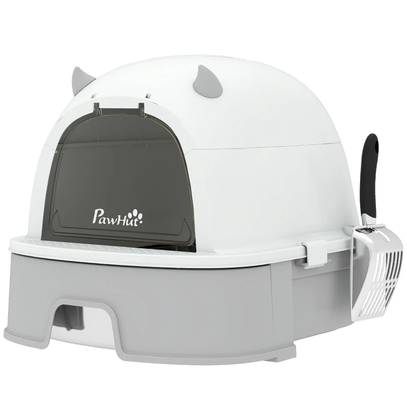 PawHut Bac à litière pour chats L Bac à litière avec couvercle amovible et plateau en acier inoxydable amovible Pelle Gris