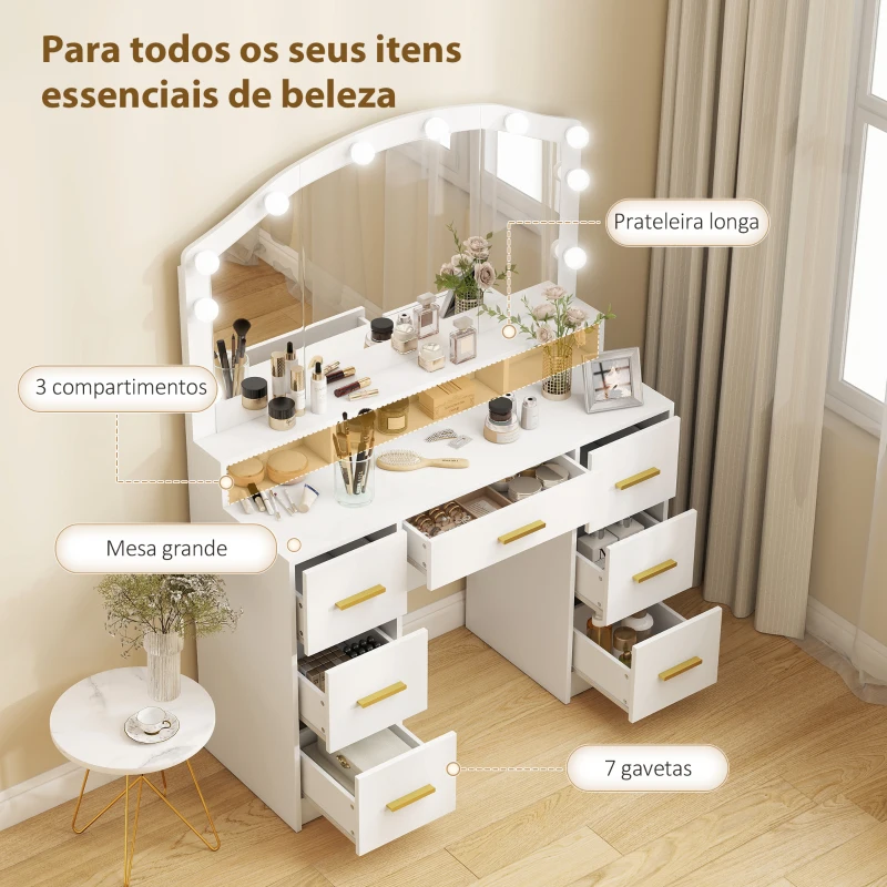 HOMCOM Toucador com 10 Luzes LED de 3 Cores Toucador de Maquilhagem com Espelho  7 Gavetas 3 Compartimentos Moderno 110x40x150 cm Branco