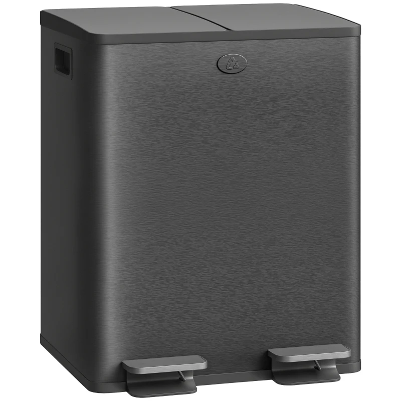 HOMCOM Poubelle de cuisine en acier inoxydable à 2 compartiments 2 x 20 L Pédale Couvercles à fermeture douce et seau amovible Noir