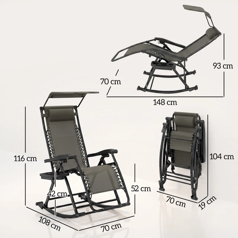 Outsunny Garden Rocking Chair Folding Recliner Outdoor Adjustable Sun Lounger Rocker Zero-Gravity Seat with Headrest Side Holder Patio Deck - Grey