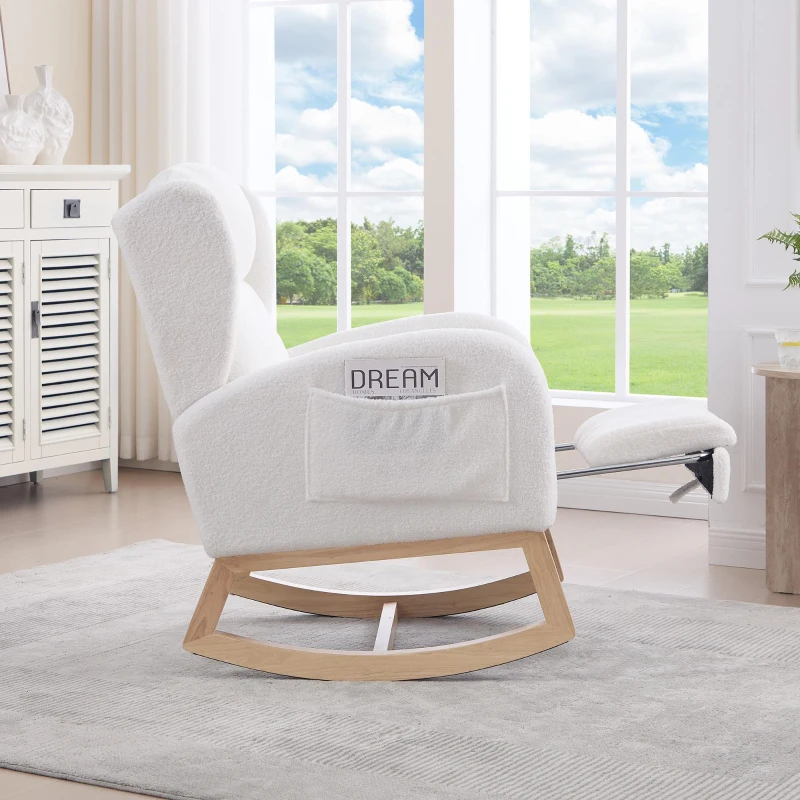 Fauteuil à bascule avec repose-pieds réglable, design wingback ergonomique, dossier haut, tissu teddy, 122,5x70x104 cm, Blanc