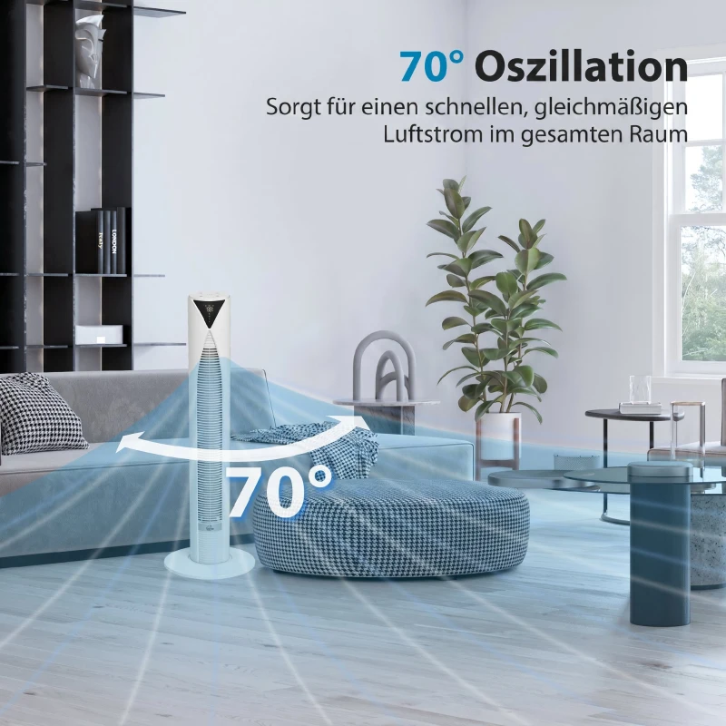 HOMCOM 70° oszillierender Turmventilator mit Fernbedienung 4 Modi 3 Geschwindigkeiten Timer 31,5 x 31,5 x 96 cm Weiß