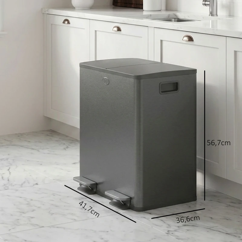 HOMCOM Poubelle de cuisine en acier inoxydable à 2 compartiments 2 x 20 L Pédale Couvercles à fermeture douce et seau amovible Noir