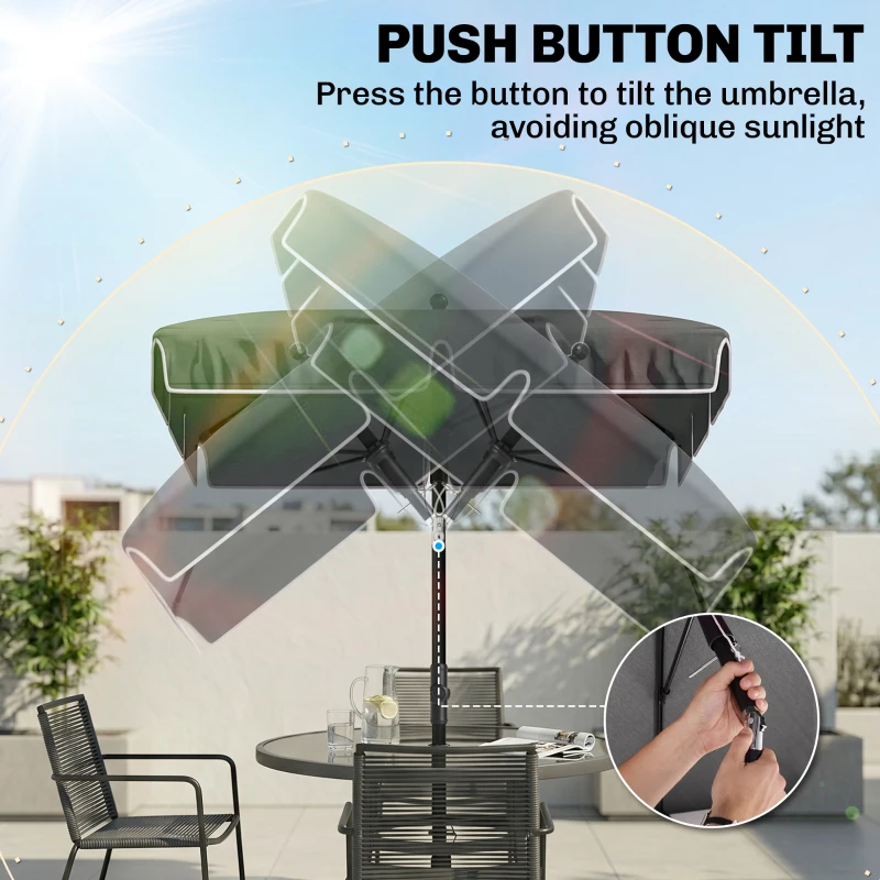 Outsunny Garden Parasol Umbrella - Outdoor Market Table Umbrella with Ruffles & Aluminium Pole, Rectangular Tilting Parasol Sun Shade Canopy, 2 x 1.3m, Grey