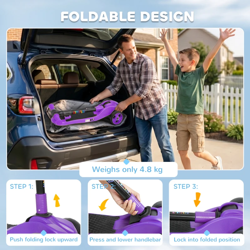 AIYAPLAY Three-Wheel Foldable Electric Scooter for Kids Aged 6-10 Years, Purple