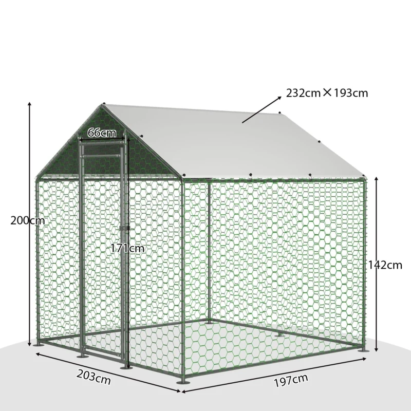 Enclos de plein air pour poulailler avec serrure de sécurité et bâche PE imperméable, pour poules, lapins et autres petits animaux, 203x197x200 cm, Argenté