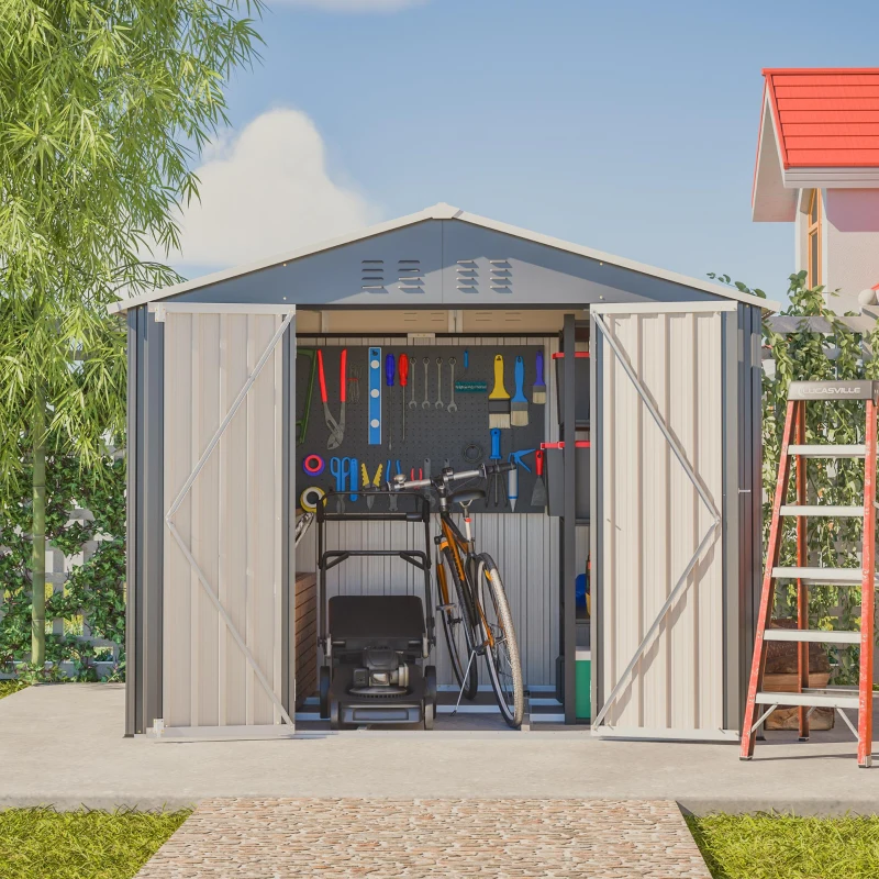 Abri de jardin métallique, porte double large, pour le rangement du matériel de jardin et de l'outillage, 229x180x191 cm, Gris foncé