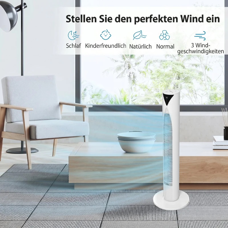 HOMCOM 70° oszillierender Turmventilator mit Fernbedienung 4 Modi 3 Geschwindigkeiten Timer 31,5 x 31,5 x 96 cm Weiß