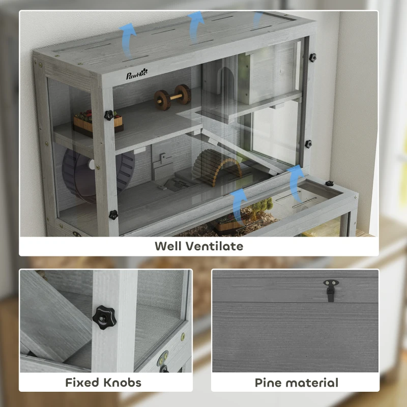 PawHut Wooden Hamster Cage with Hut, Wheel, Ramps, Removable Viewing Panels, 80 x 50 x 84 cm, Grey