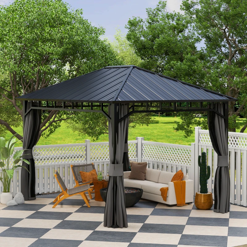 Outsunny Garten-Pavillon, Metallpavillon, wasserfest, UV-beständig, Terrassenpavillon mit Netzwänden und Vorhängen, Dunkelgrau