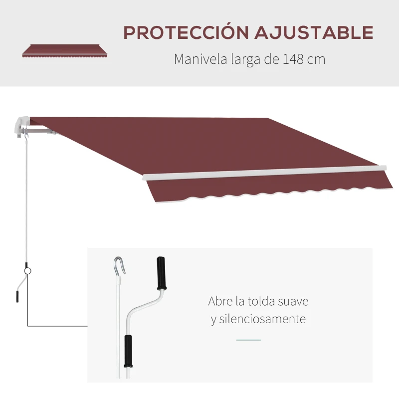 Outsunny Toldo Retráctil Manual 3,5x2,5 m con Ángulo Ajustable Manivela Estructura de Aluminio y Protección UPF30+ Rojo Vino