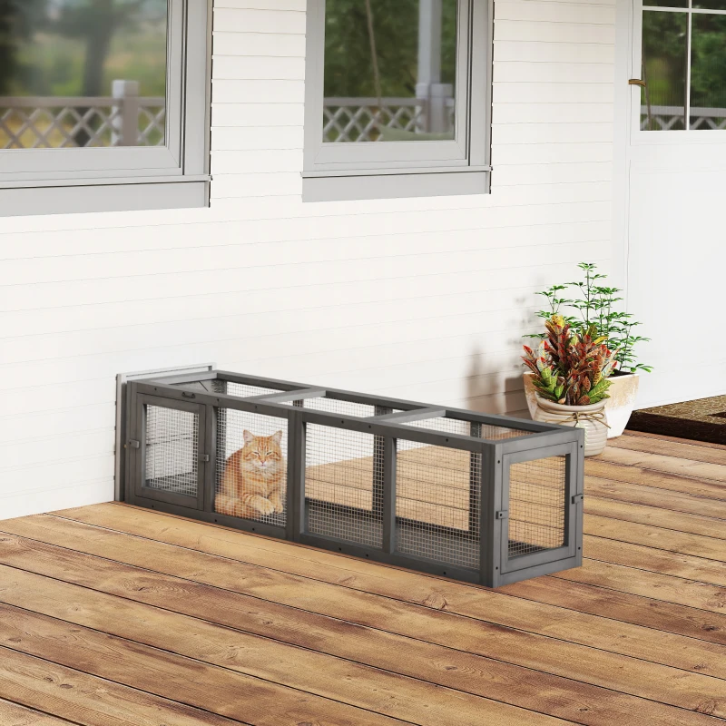 PawHut Outdoor Cat Tunnel, Wooden Play Cat Enclosure, Extendable Pet Run with 3 Doors, for Indoor and Outdoor Use, Grey