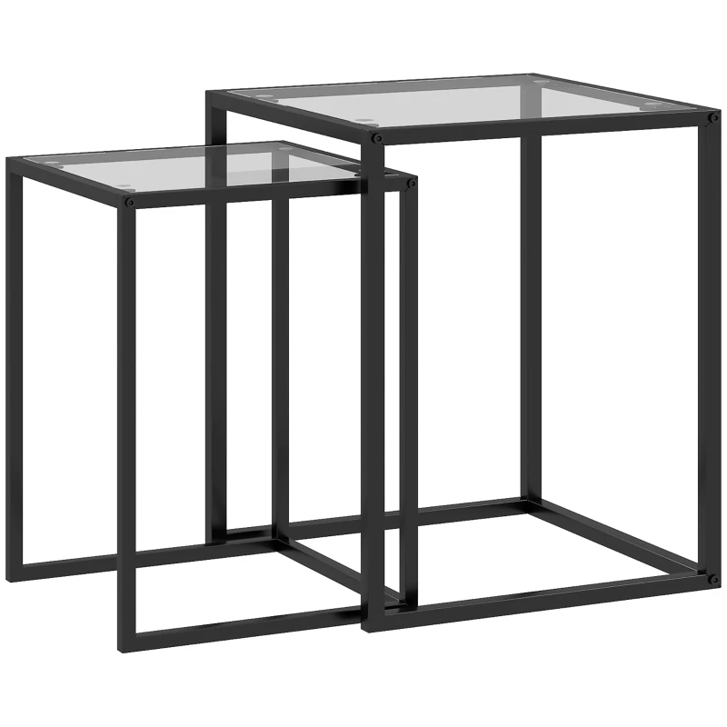 HOMCOM Lot de 2 tables basse gigogne, tables d'appoint empilable, plateau verre trempé cadre acier, patins antidérapants, noir