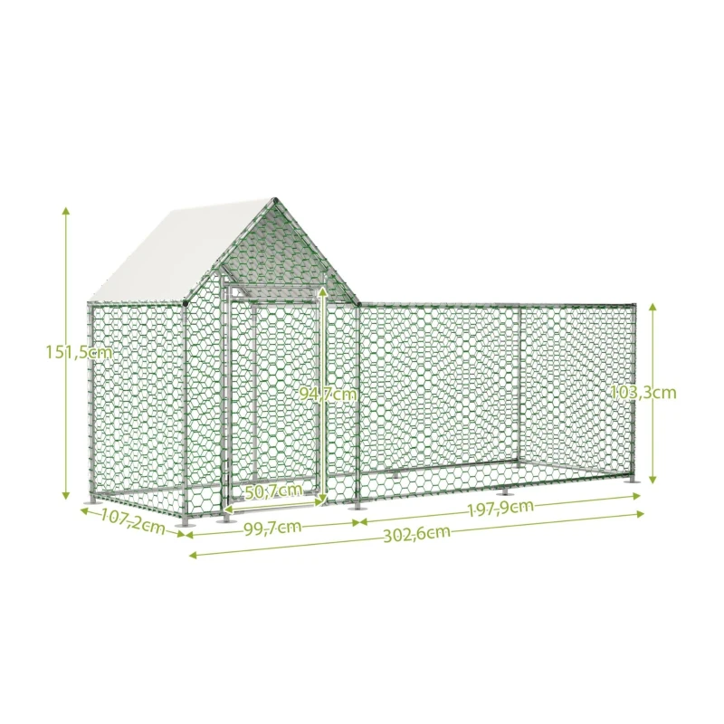 Enclos d'extérieur pour poulailler avec serrure de sécurité et bâche en PE imperméable, pour poules, lapins et autres petits animaux, 303x107x152 cm, Argenté