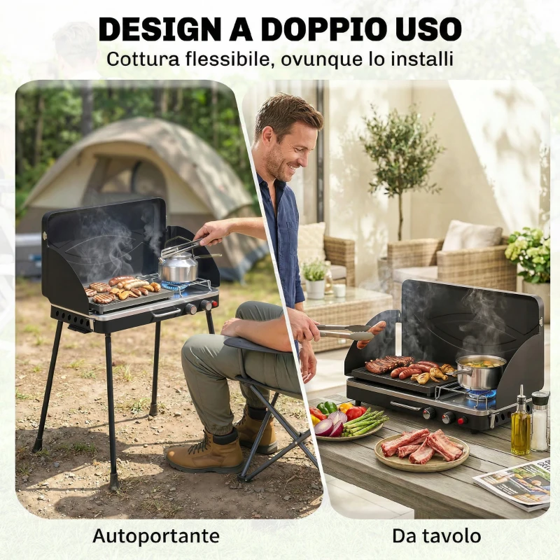 Outsunny BBQ a Gas Propano Portatile 2-in-1 con Griglia e Fornello, 7KW, Nero