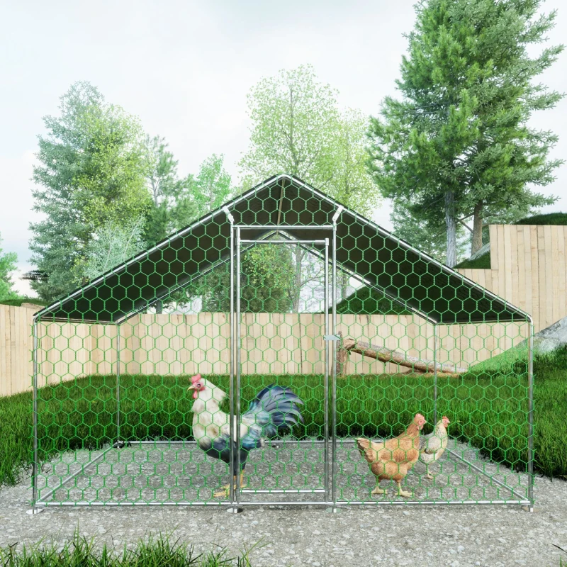 Enclos extérieur pour poulailler avec serrure de sécurité et bâche PE imperméable, pour poules, lapins et autres petits animaux, 303x200x200 cm, Argenté