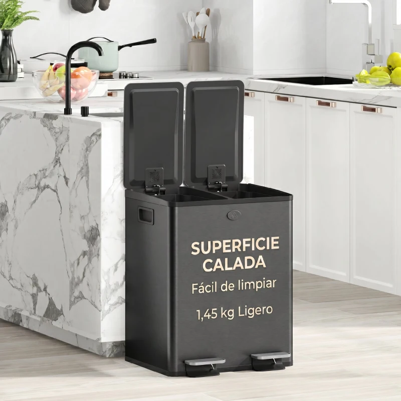 HOMCOM Cestino da Cucina con 2 Scomparti da 20L, Pedale Coperchi a Chiusura Morbida e Secchio Estraibile, in Acciaio Inossidabile, Nero