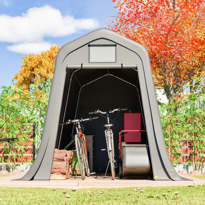 Abri de jardin à toit pointu, porte enroulable, 213x366x225 cm, Gris foncé