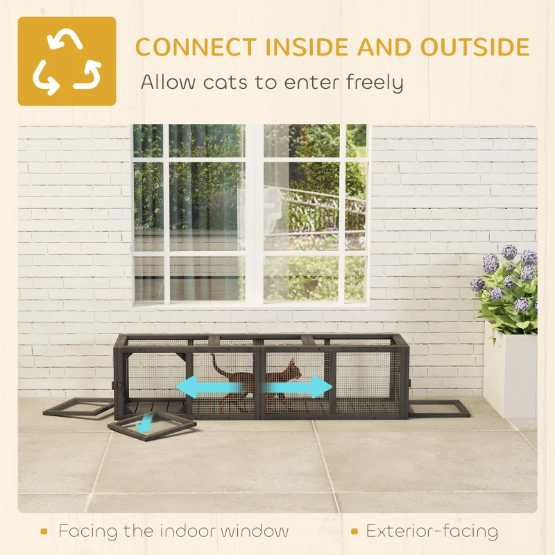 PawHut Outdoor Cat Tunnel, Wooden Play Cat Enclosure, Extendable Pet Run with 3 Doors, for Indoor and Outdoor Use, Grey