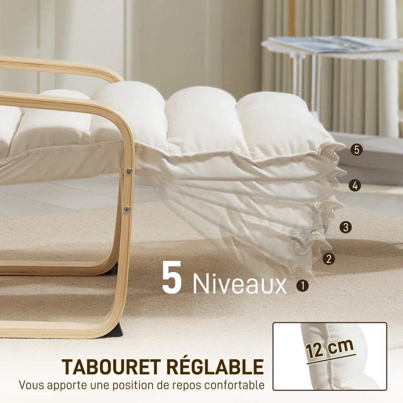 HOMCOM Fauteuil salon, fauteuil d'appoint rembourré en velours, repose-pieds réglable et structure en acier, 67x93x105cm, crème