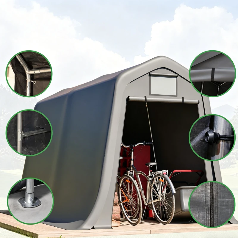 Capanno per attrezzi con tetto spiovente e porta a rullo, 213x366x225 cm, Grigio scuro