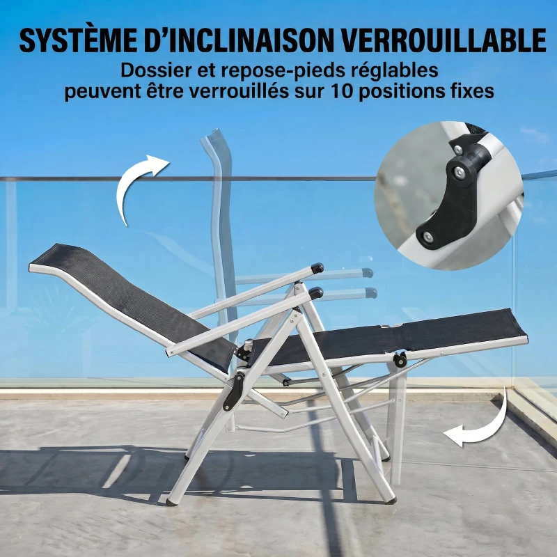 Outsunny Chaise longue pliable transat bain de soleil avec dossier & repose-pied réglable multi-positions, noir