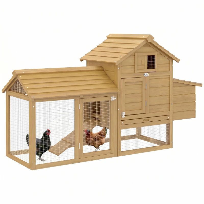 PawHut Gallinero de Madera para Exterior XXL Gallinero con 2 Corrales de Alambre Caja Nido con Techo Abrible Bandeja Extraíble de Metal Galvanizado y Rampa 151,5x54x87 cm Natural