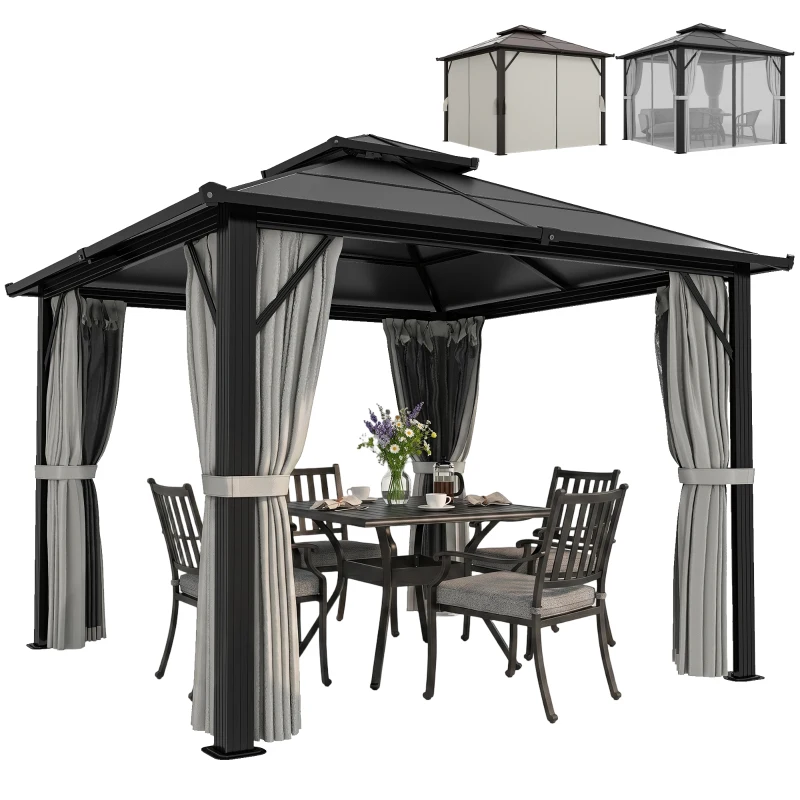 Outsunny 3 x 3(m) Hardtop Gazebo Canopy with UPF30+ Double Polycarbonate Roof, Aluminium Frame Garden Gazebo Permanent Pavilion with Mosquito Netting and Curtains for Patio, Deck, Grey