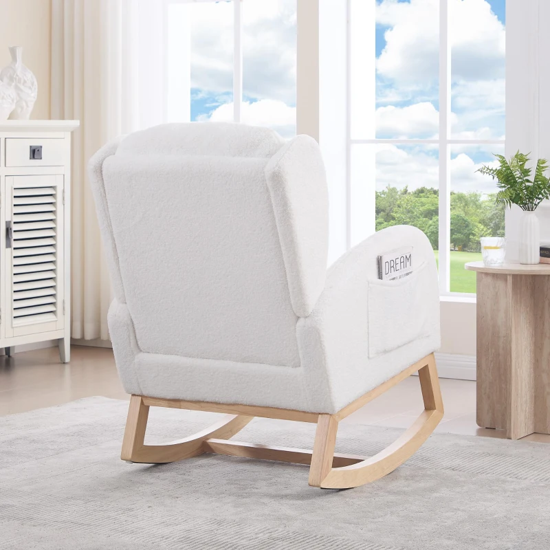 Poltrona a dondolo ergonomica in tessuto Teddy con poggiapiedi regolabile e schienale alto, 122,5x70x104 cm, Bianco