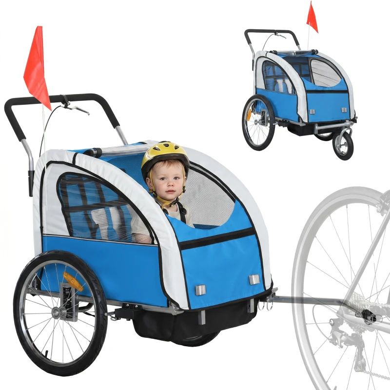 HOMCOM 2 Seat Bike Trailer with 5 Point Harness, Baby Bike Stroller with Safety Flag, Reflectors, for 18+ Months, Blue