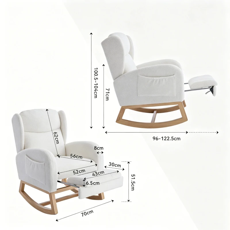 Poltrona a dondolo ergonomica in tessuto Teddy con poggiapiedi regolabile e schienale alto, 122,5x70x104 cm, Bianco