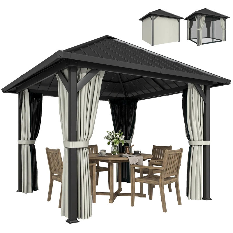 Outsunny 3 x 3(m) Hardtop Gazebo with Galvanised Steel Roof and Water Gutter, Waterproof Permanent Pavilion Garden Gazebo with Netting and Curtains for Patio, Deck, Black