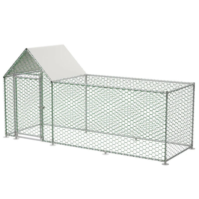 Pollaio da esterno con chiusura di sicurezza e telo in PE impermeabile, 303x107x152 cm, Argento