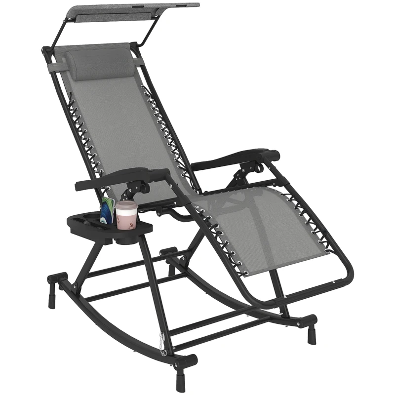 Outsunny Garden Rocking Chair Folding Recliner Outdoor Adjustable Sun Lounger Rocker Zero-Gravity Seat with Headrest Side Holder Patio Deck - Grey