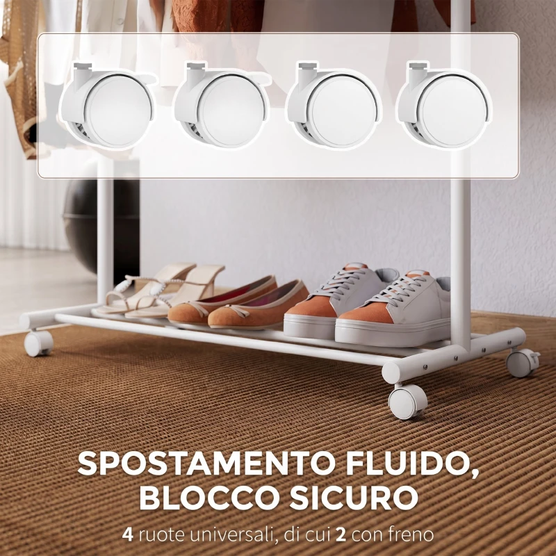 HOMCOM Appendiabiti da Terra con Ruote, 5 Ganci e Ripiano Inferiore Porta Scarpe, in Metallo, Portata 9 kg, Bianco