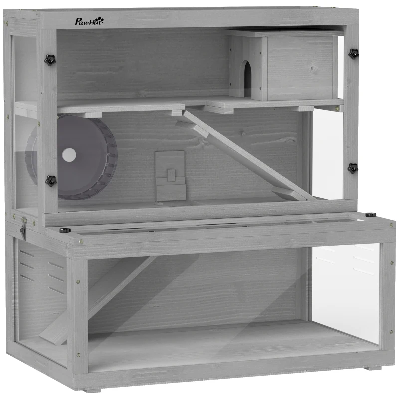 PawHut Cage Hamster en Bois, 3 Niveaux avec Cabane, Roue, Rampes, Panneau Transparent, Espaces Séparés, 80x50x84cm, Gris