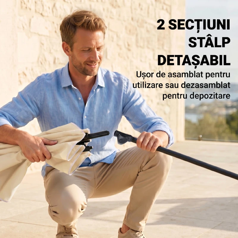Outsunny Umbrelă de Grădină Rectangulară și Reglabilă cu Stâlp din Aluminiu, 2x1.3x2.5 m, Bej