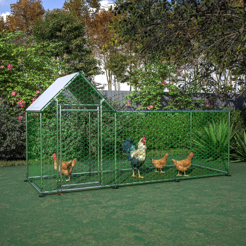 Pollaio da esterno con chiusura di sicurezza e telo in PE impermeabile, 303x107x152 cm, Argento