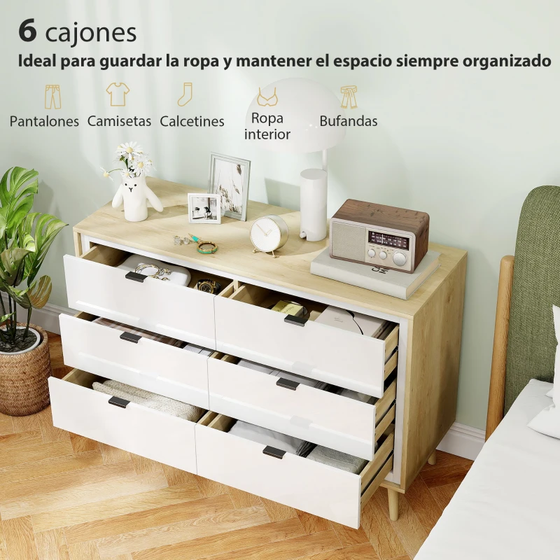 HOMCOM Cómoda 6 Cajones Cómoda Dormitorio con Patas de Madera Estilo Moderno 110x40x75 cm Blanco Brillo y Roble